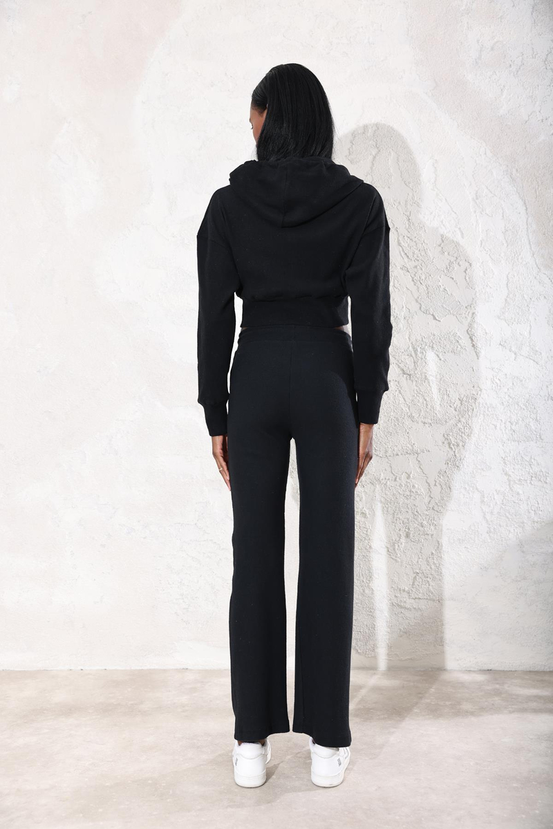 Siyah Fitilli Fermuarlı Sweatshirt Eşofman Takım 