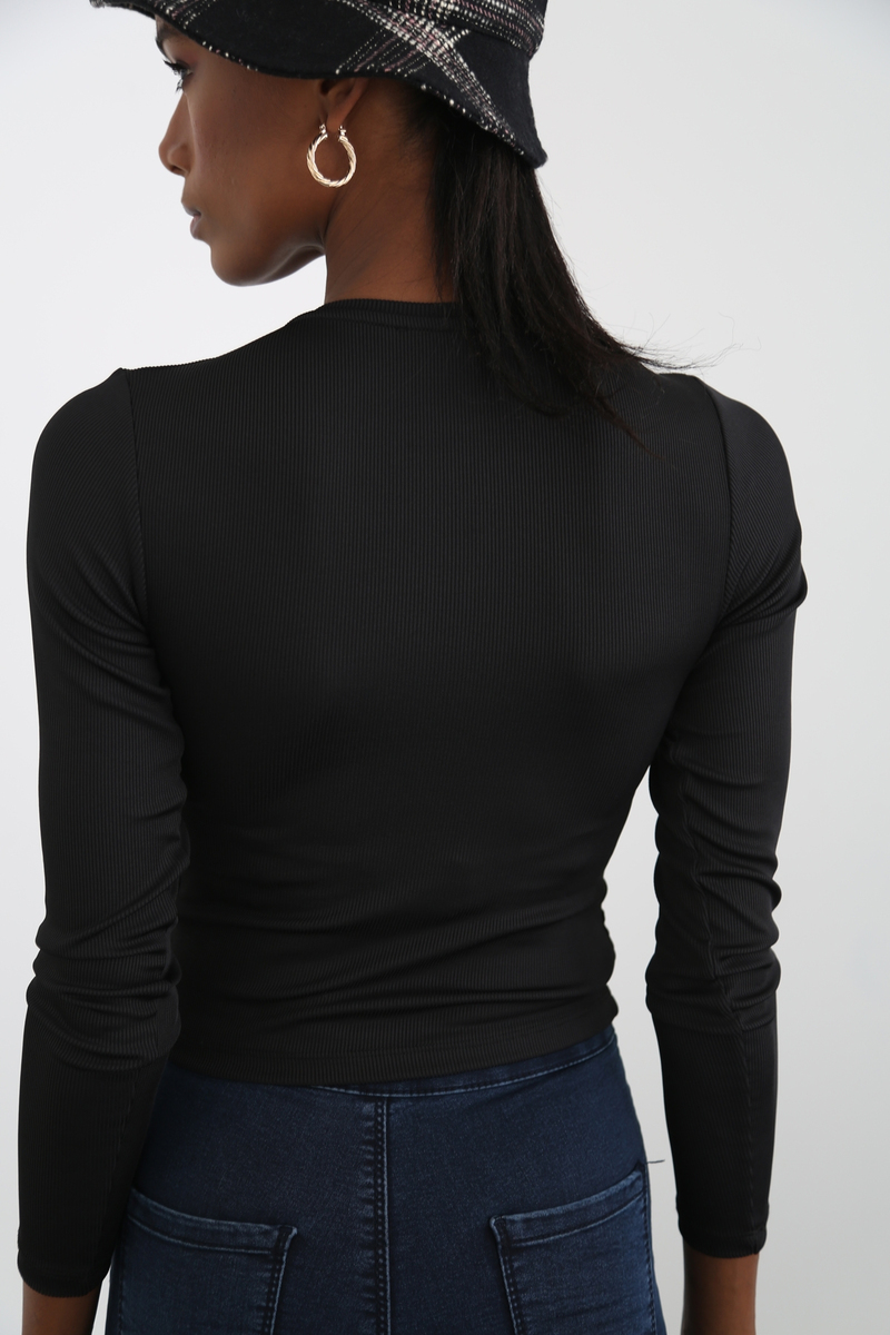 Siyah Fitilli Jarse Crop Bluz 3330