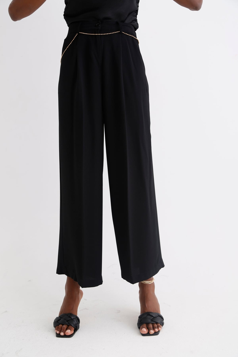 Siyah Geniş Paça Krep Pantolon 0036