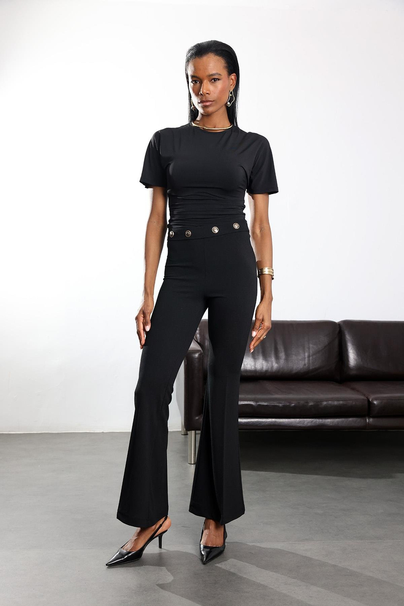 Siyah Gold Düğmeli Likralı İspanyol Pantolon 37068