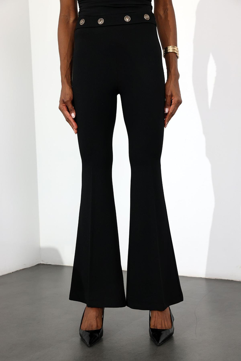 Siyah Gold Düğmeli Likralı İspanyol Pantolon 37068