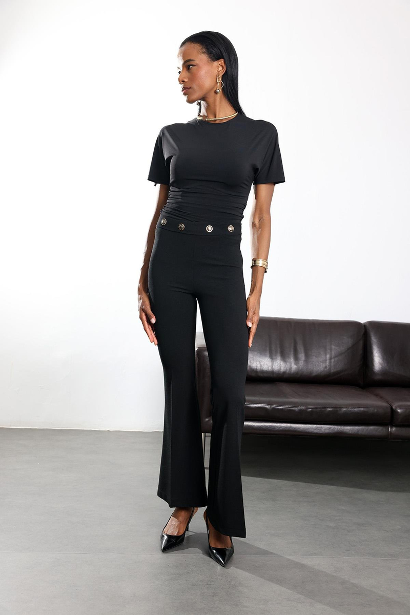 Siyah Gold Düğmeli Likralı İspanyol Pantolon 37068