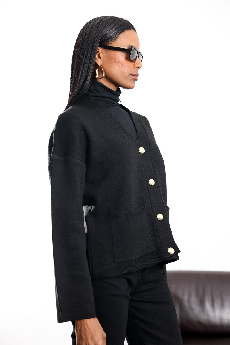 Siyah Gold Düğmeli V Yaka Hırka 251059