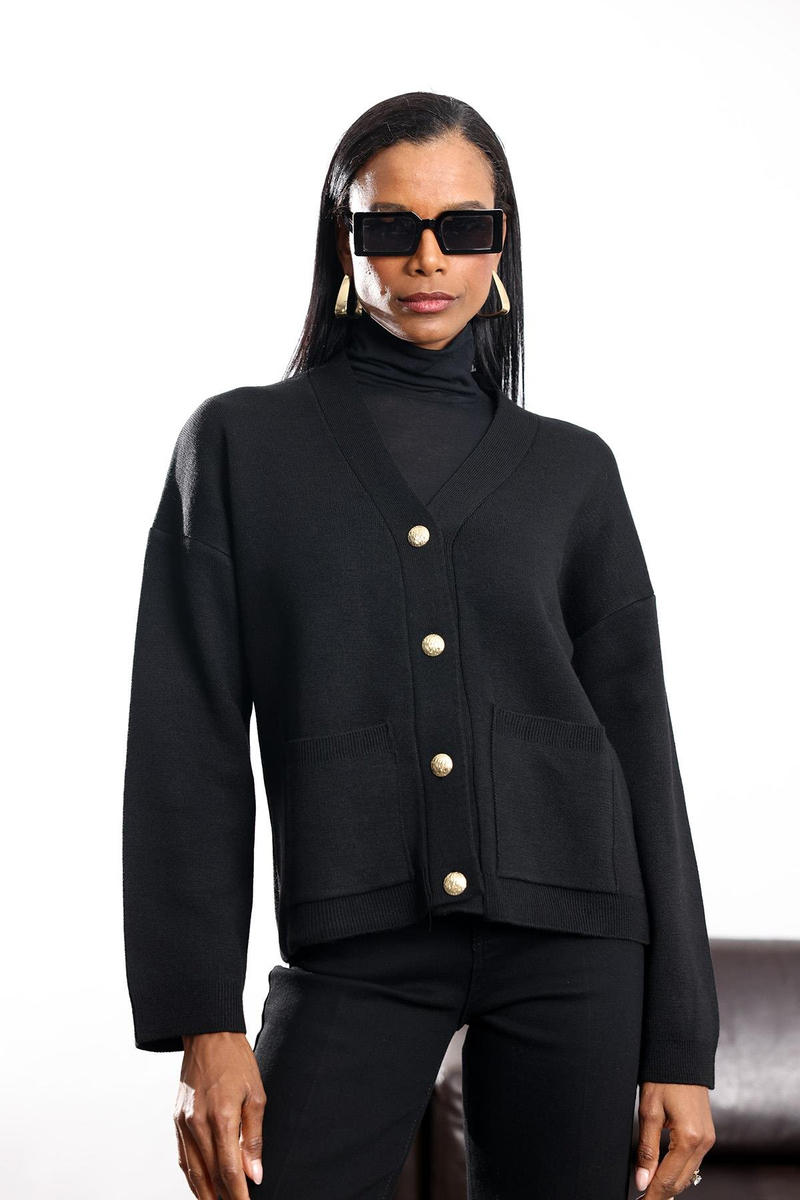 Siyah Gold Düğmeli V Yaka Hırka 251059