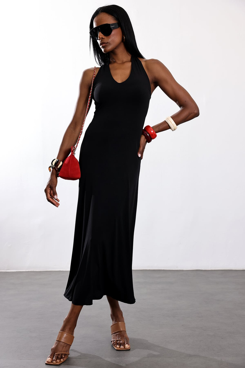 Siyah Halter Yaka Elbise 00787