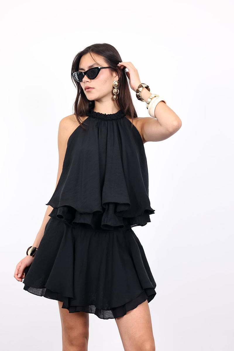 Siyah Halter Yaka Volanlı Bluz 071946