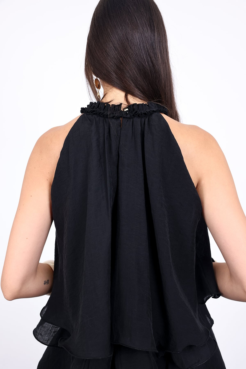 Siyah Halter Yaka Volanlı Bluz 071946