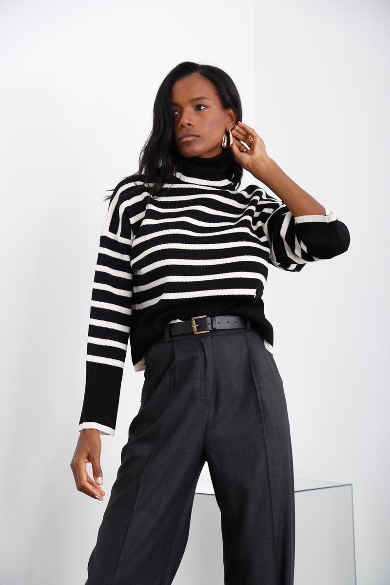 Siyah İnce Çizgili Balıkçı Triko 5747