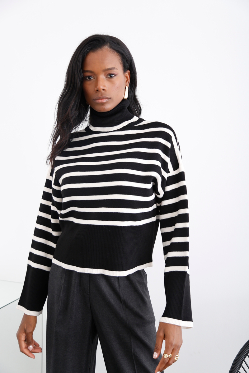 Siyah İnce Çizgili Balıkçı Triko 5747