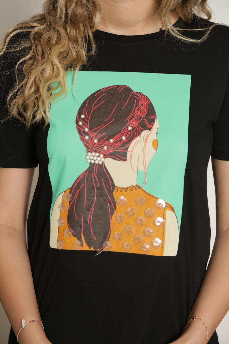 Siyah İnci Tokalı Tshirt 6932