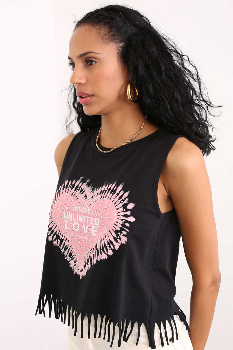 Siyah Kalp Baskılı Kolsuz Tshirt 