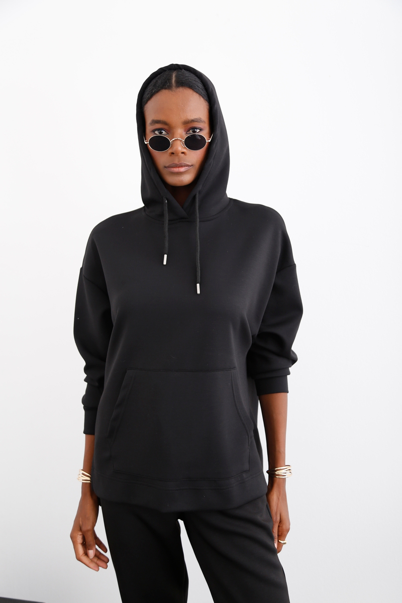 Siyah Kanguru Cep Sweatshirt 14102