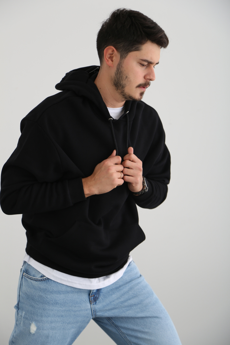 Siyah Kapşonlu Kanguru Erkek Sweatshirt 