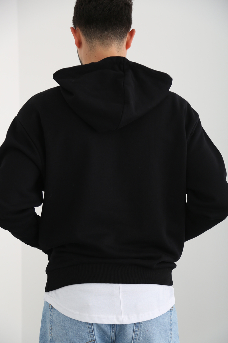 Siyah Kapşonlu Kanguru Erkek Sweatshirt 