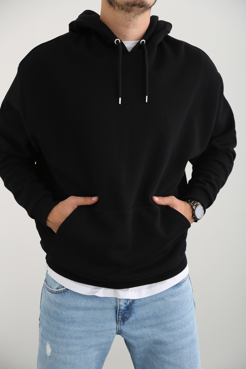 Siyah Kapşonlu Kanguru Erkek Sweatshirt 