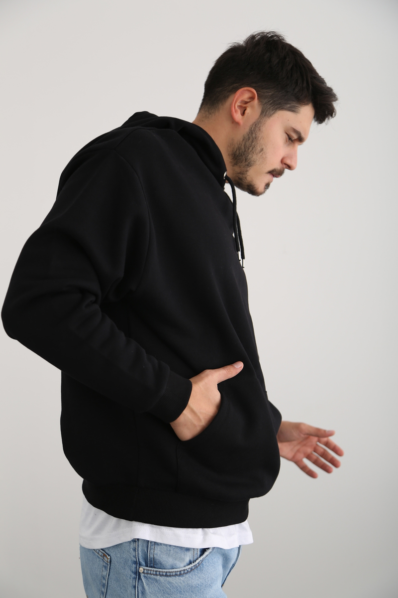 Siyah Kapşonlu Kanguru Erkek Sweatshirt 