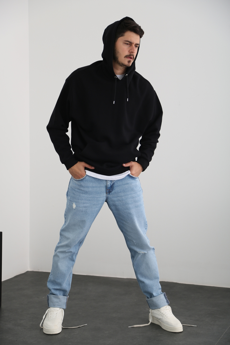 Siyah Kapşonlu Kanguru Erkek Sweatshirt 
