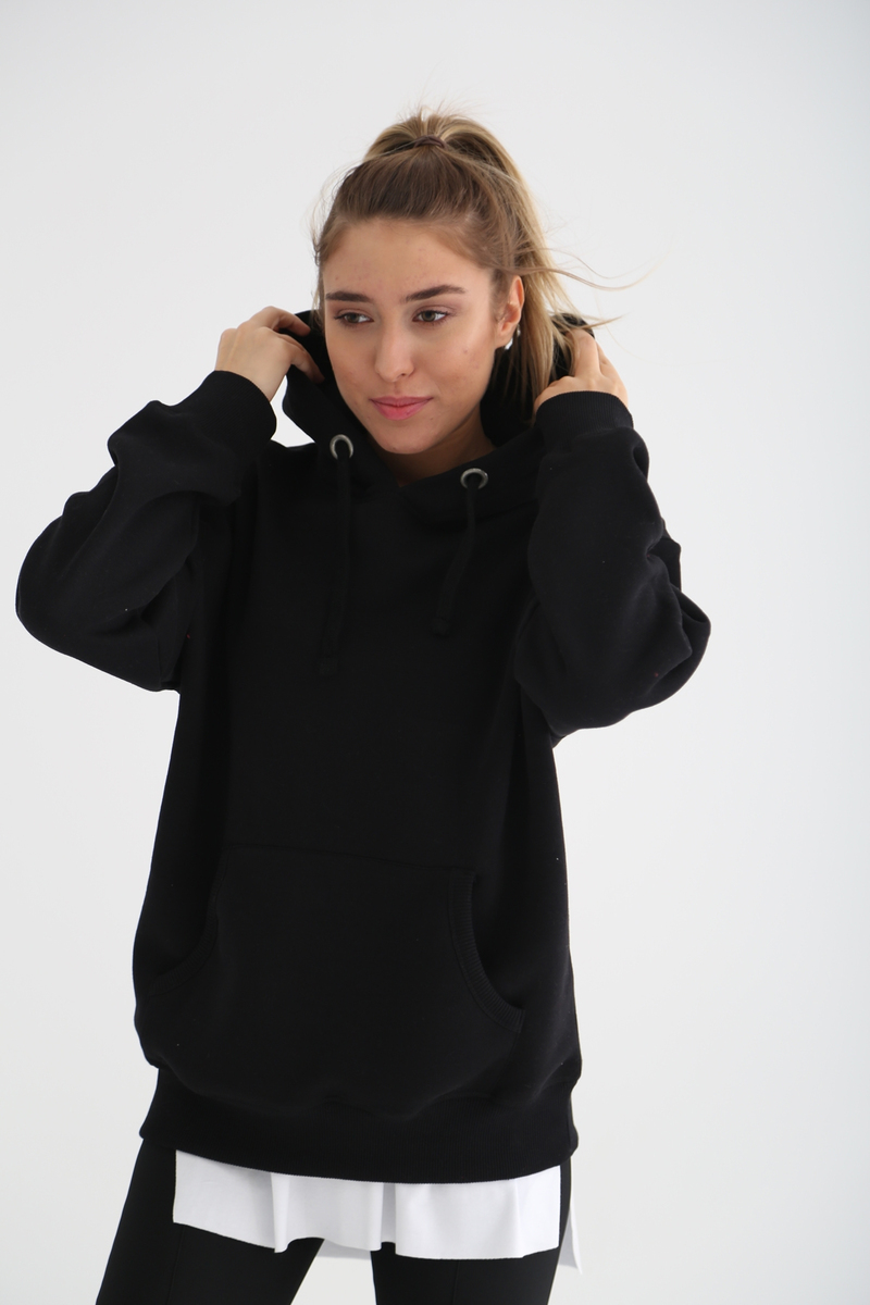 Siyah Kapşonlu Sweatshirt 