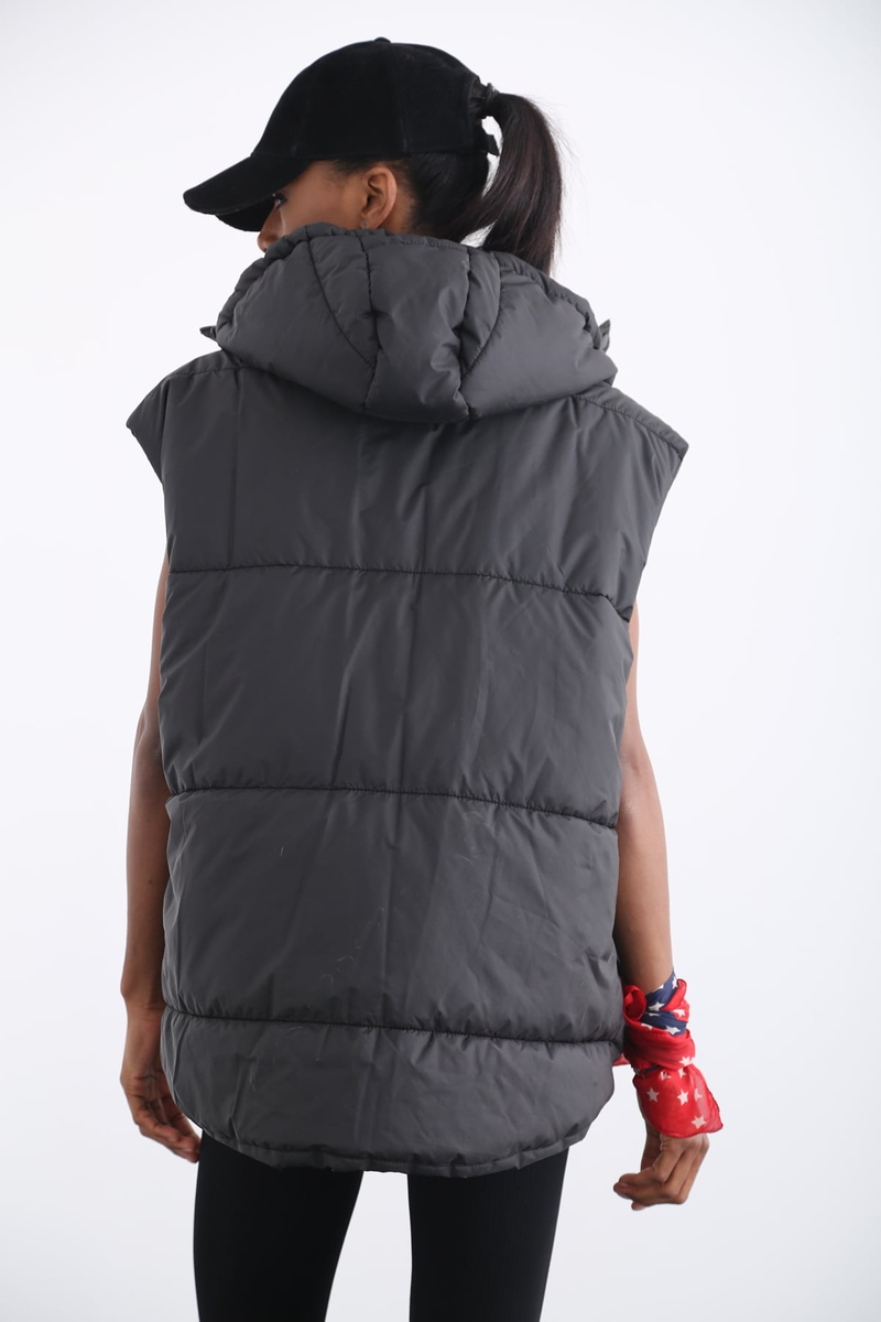 Siyah Kapüşonlu Oversize Şişme Yelek 59004