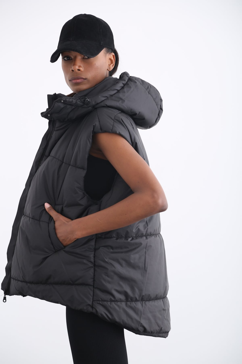 Siyah Kapüşonlu Oversize Şişme Yelek 59004