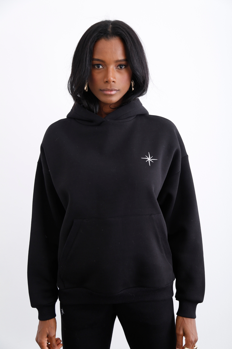 Siyah Kapüşonlu Şardonlu Sweatshirt 