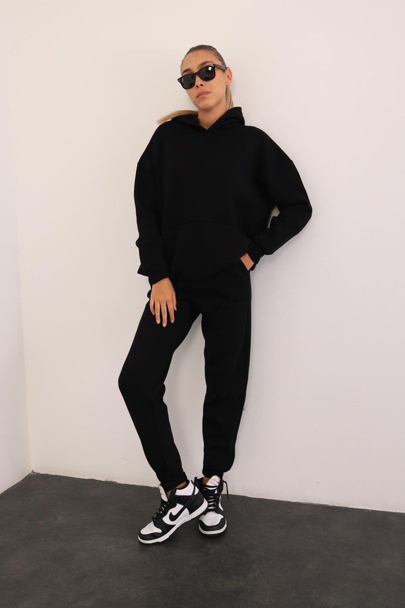 Siyah Kapüşonlu Sweatshirt Eşofman Takım 3828