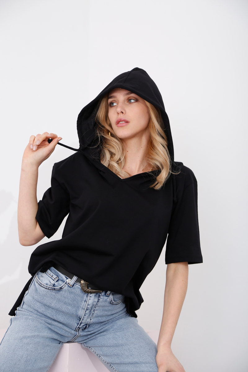 Siyah Kapüşonlu Tshirt 2607