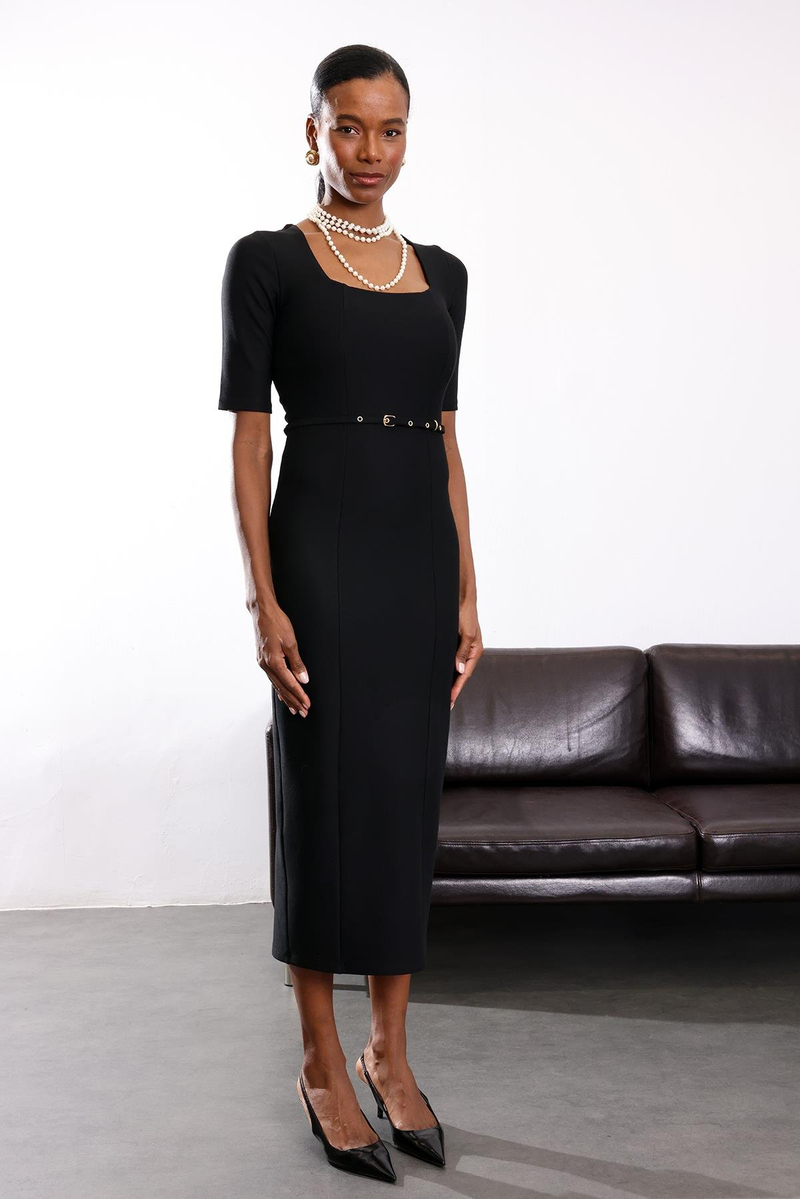 Siyah Kare Yaka Kemerli Kalem Elbise 1271