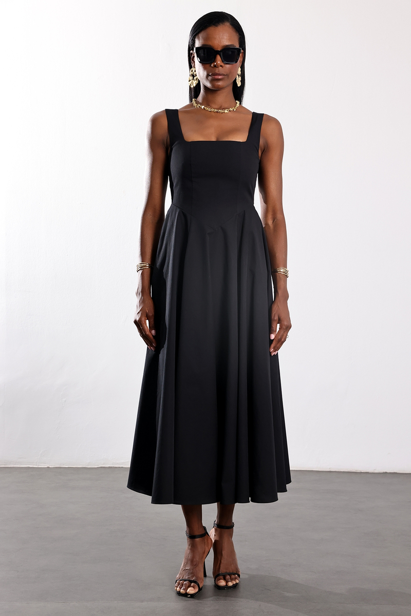 Siyah Kare Yaka Poplin Midi Elbise 12459
