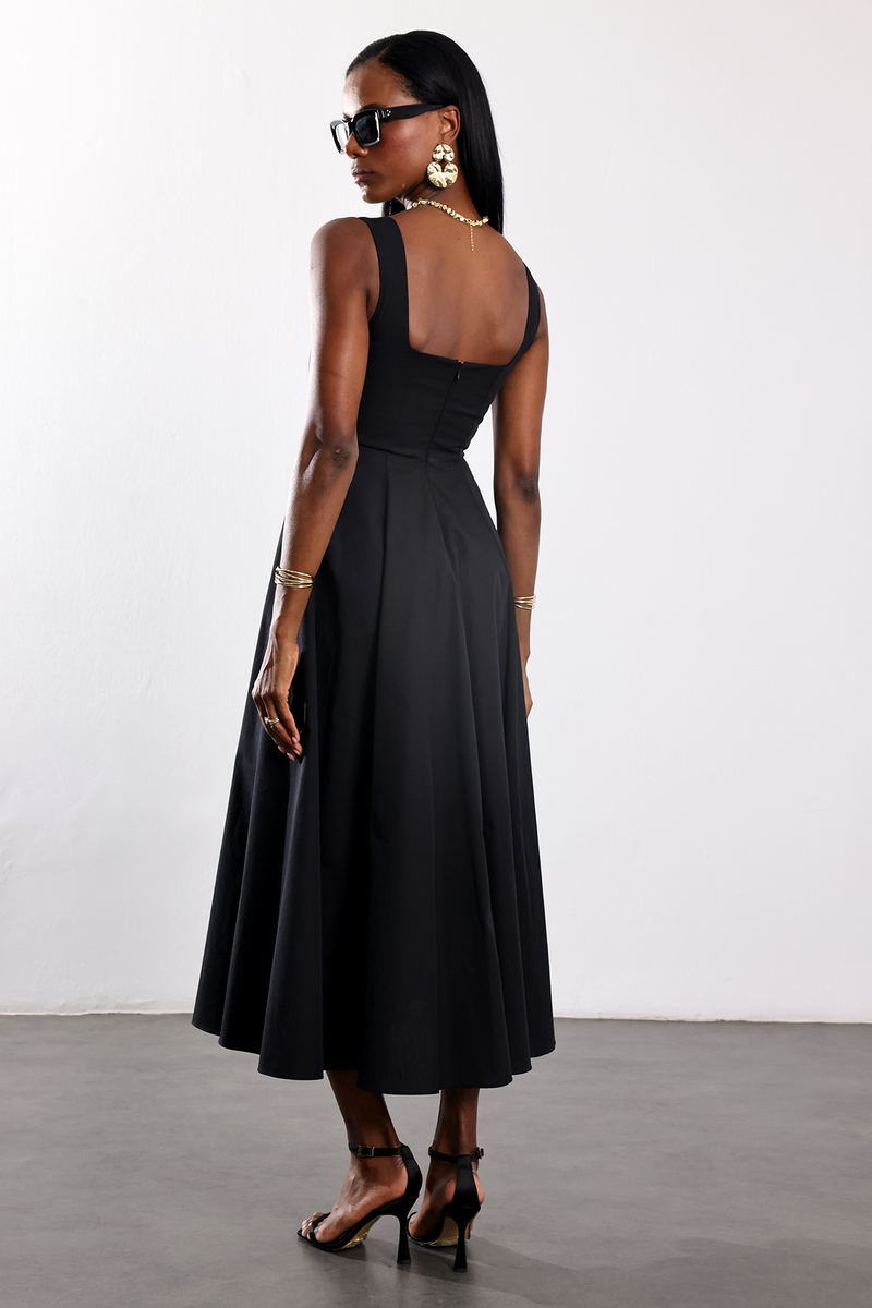 Siyah Kare Yaka Poplin Midi Elbise 12459