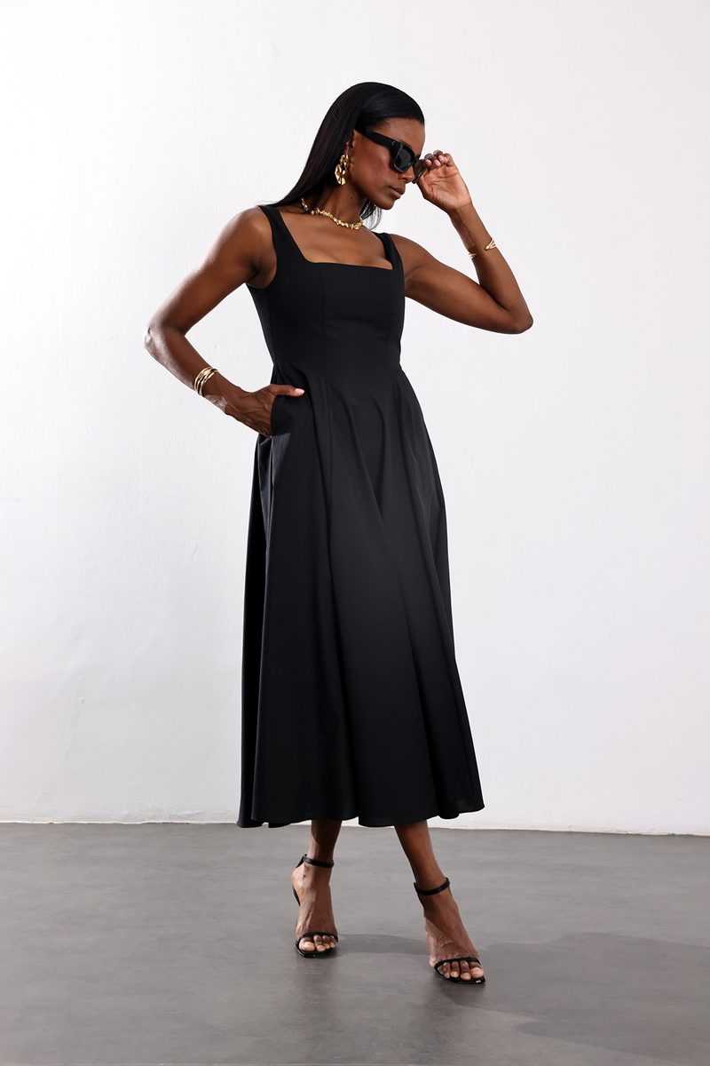 Siyah Kare Yaka Poplin Midi Elbise 12459