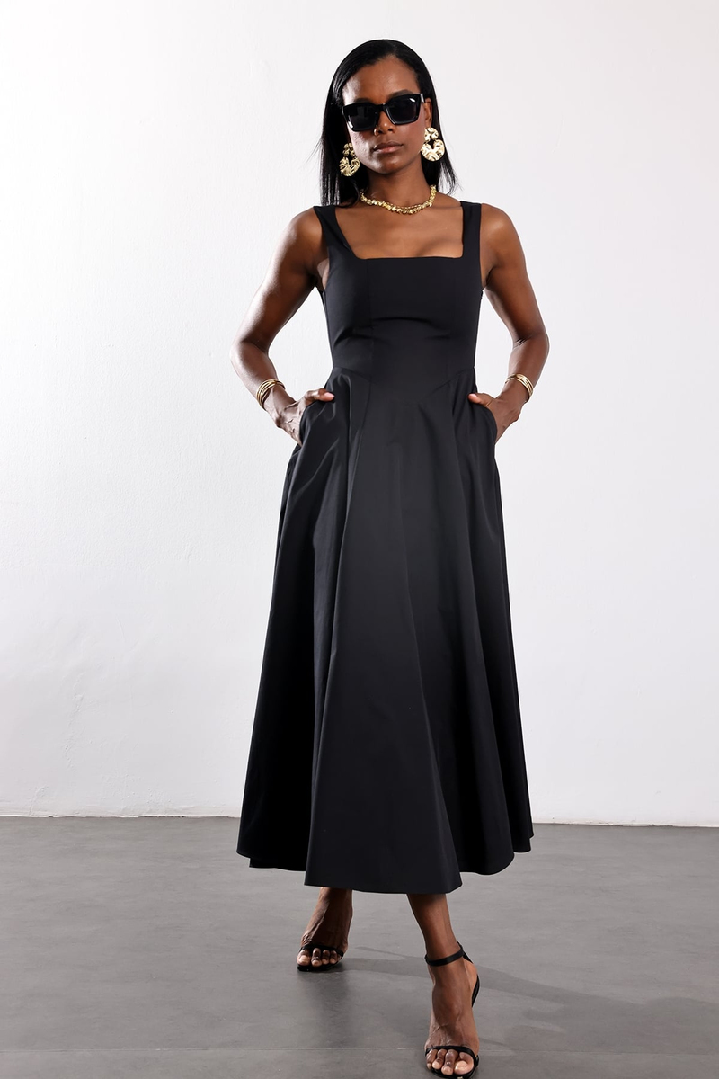 Siyah Kare Yaka Poplin Midi Elbise 12459