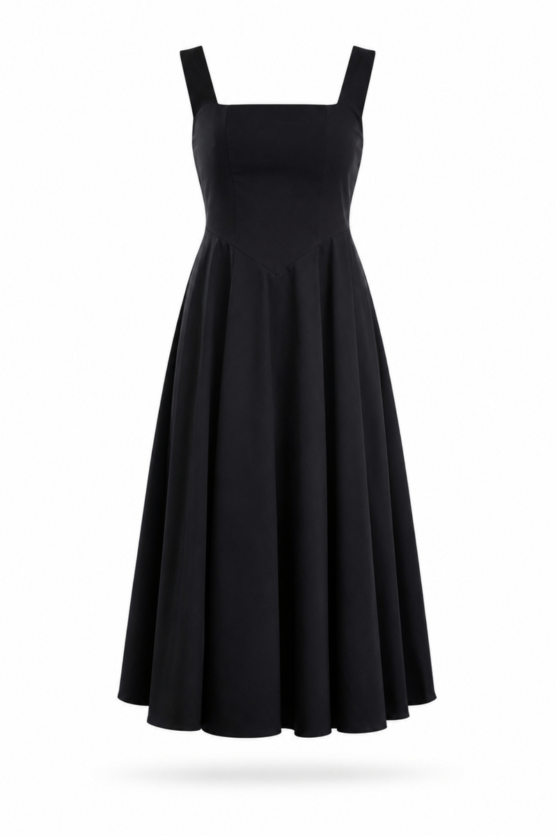 Siyah Kare Yaka Poplin Midi Elbise 12459