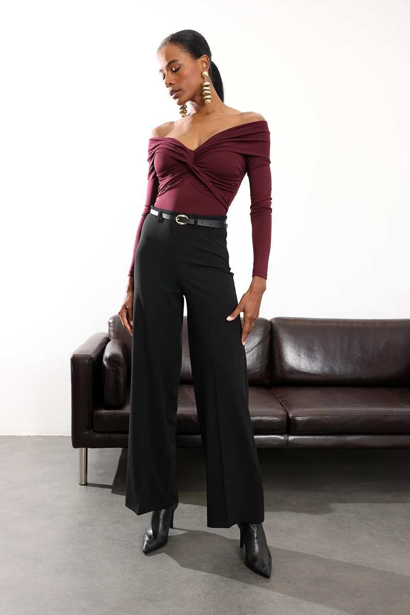 Siyah Kemerli Likralı Palazzo Pantolon 9150