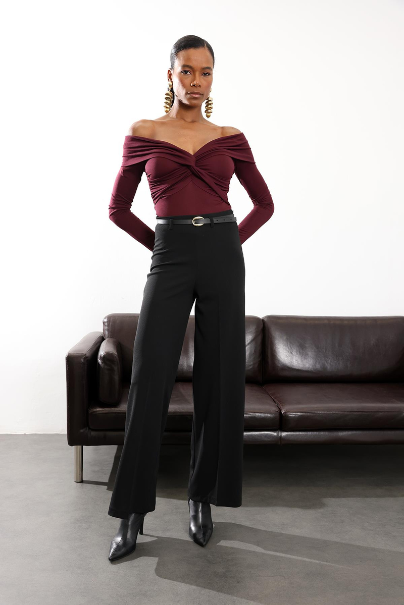 Siyah Kemerli Likralı Palazzo Pantolon 9150