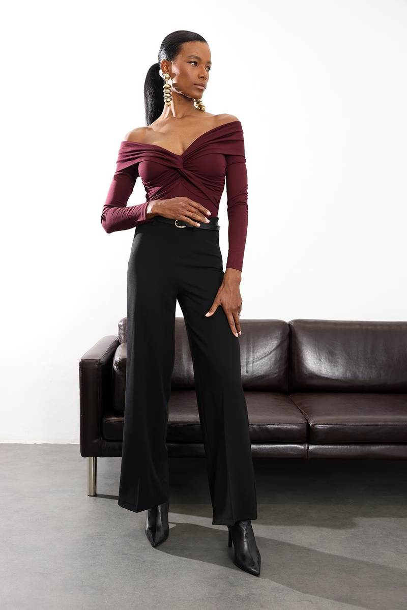 Siyah Kemerli Likralı Palazzo Pantolon 9150