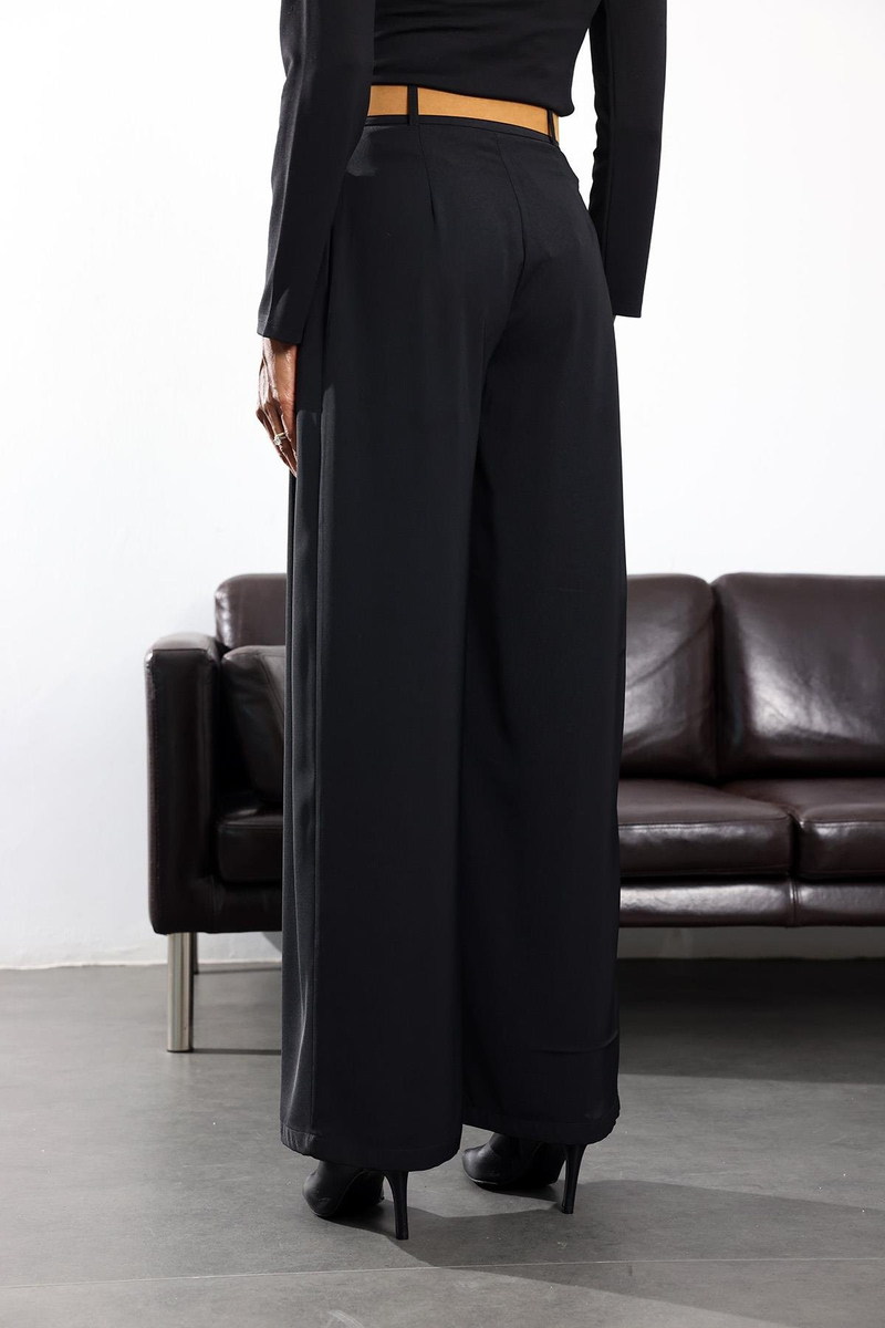 Siyah Kemerli Palazzo Kumaş Pantolon 3855