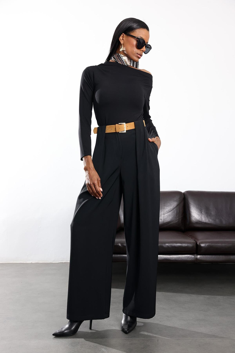 Siyah Kemerli Palazzo Kumaş Pantolon 3855