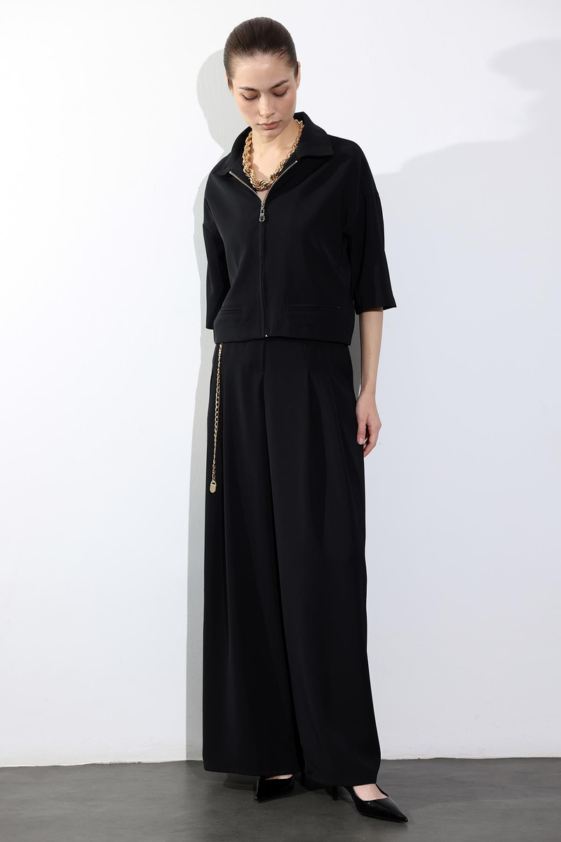 Siyah Kemerli Yüksek Bel Bol Paça Pantolon 031641