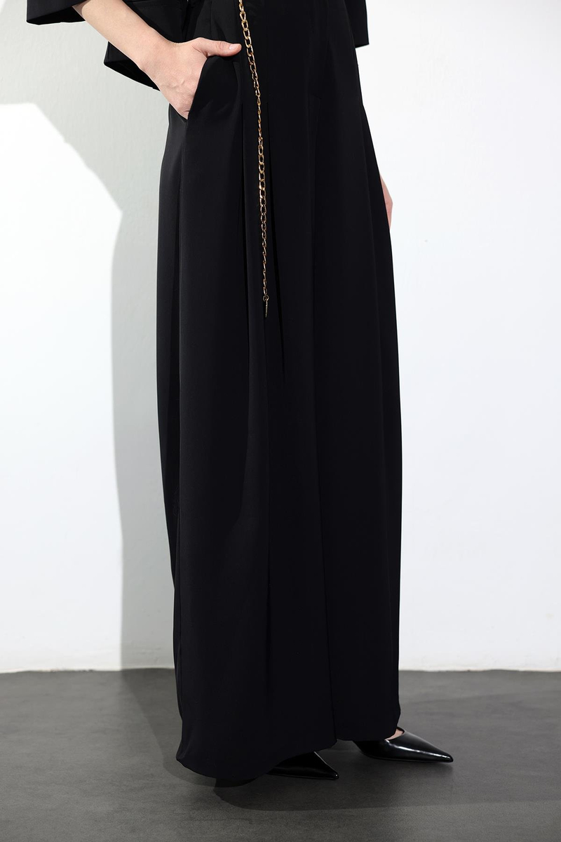 Siyah Kemerli Yüksek Bel Bol Paça Pantolon 031641