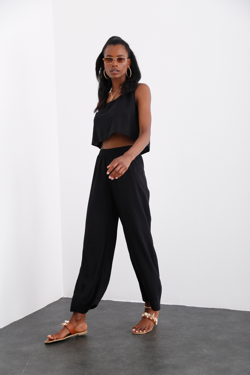 Siyah Keten Crop Takım 0327