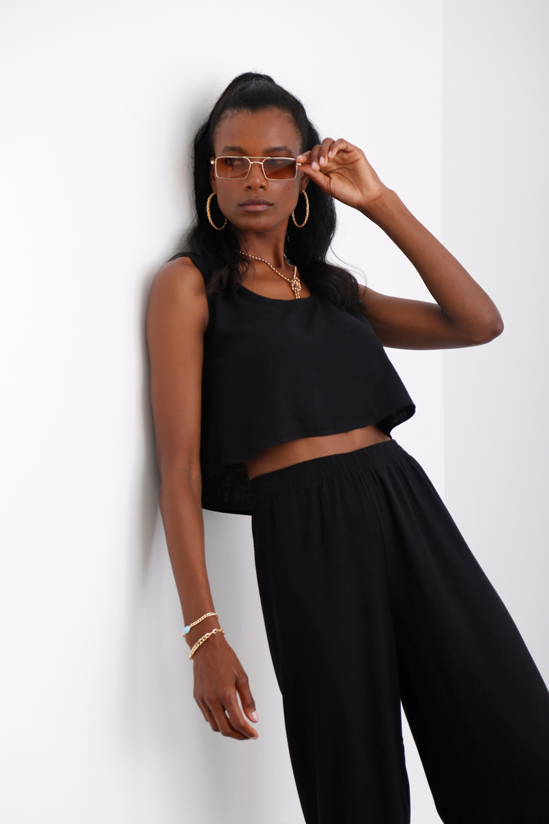 Siyah Keten Crop Takım 0327
