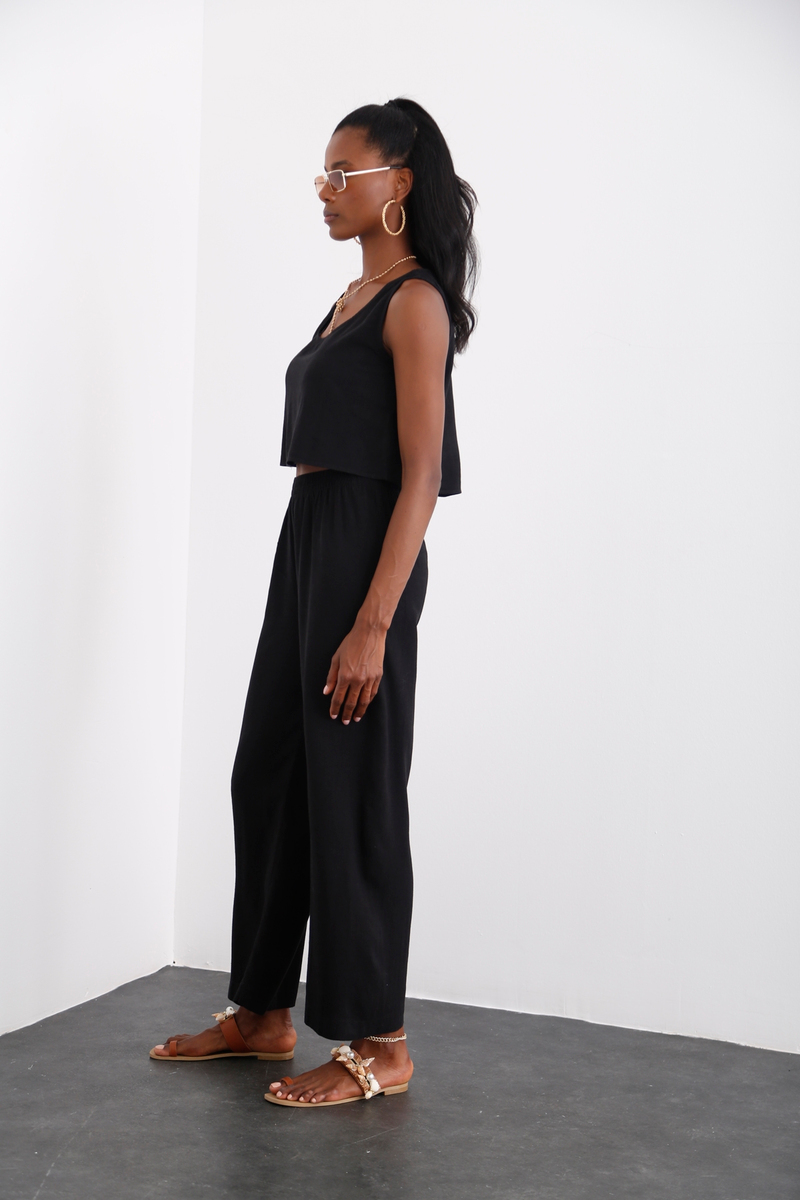 Siyah Keten Crop Takım 0327