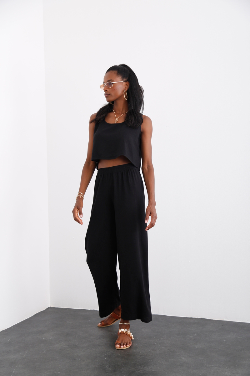 Siyah Keten Crop Takım 0327