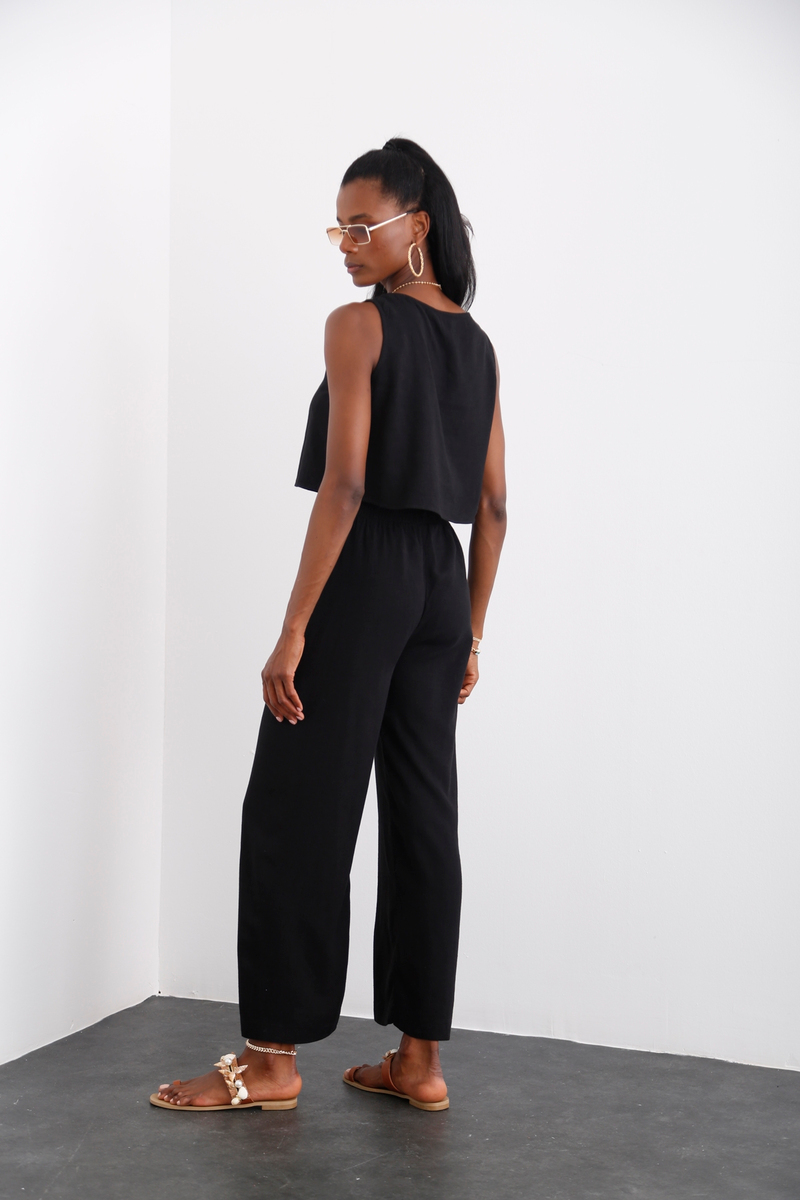 Siyah Keten Crop Takım 0327