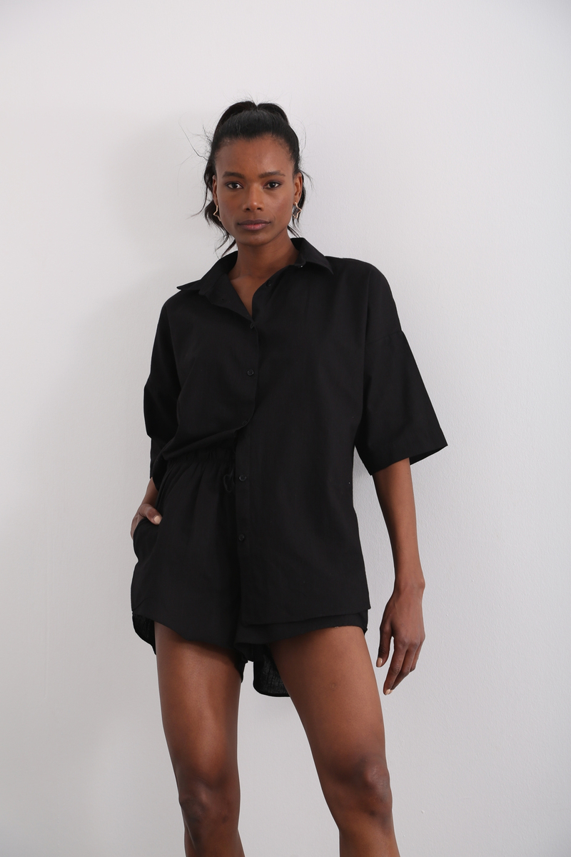 Siyah Keten Pijama Takım 0011