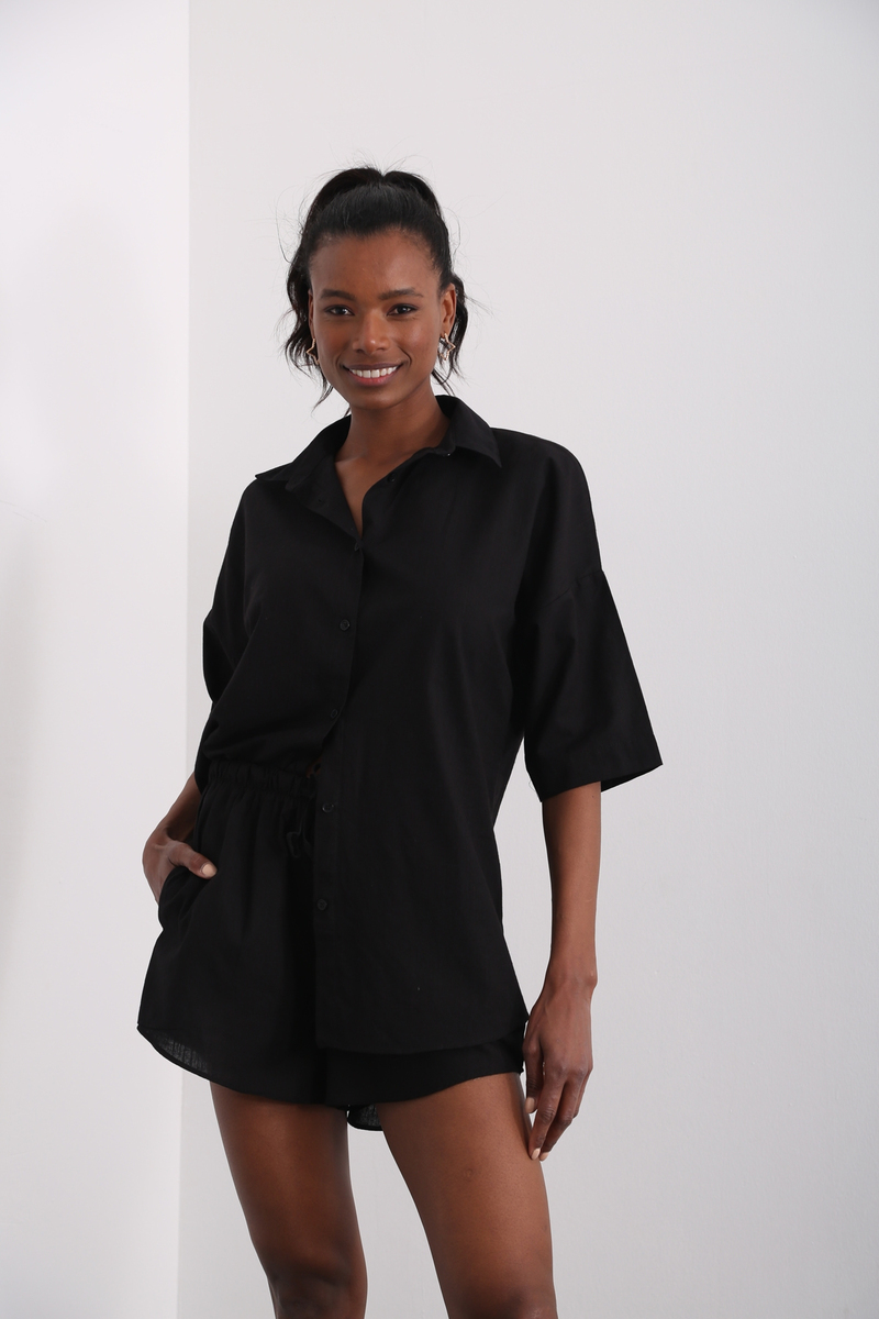 Siyah Keten Pijama Takım 0011