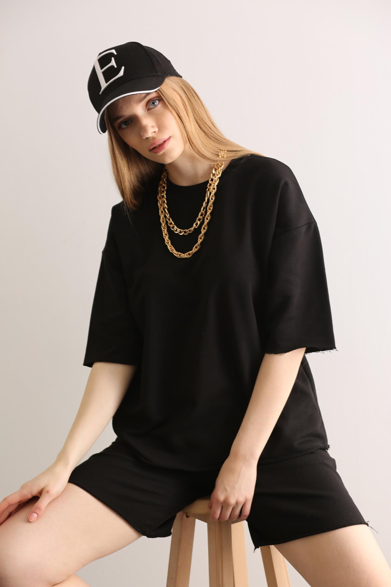 Siyah Kısa Kol Sweatshirt Şort Takım 3812