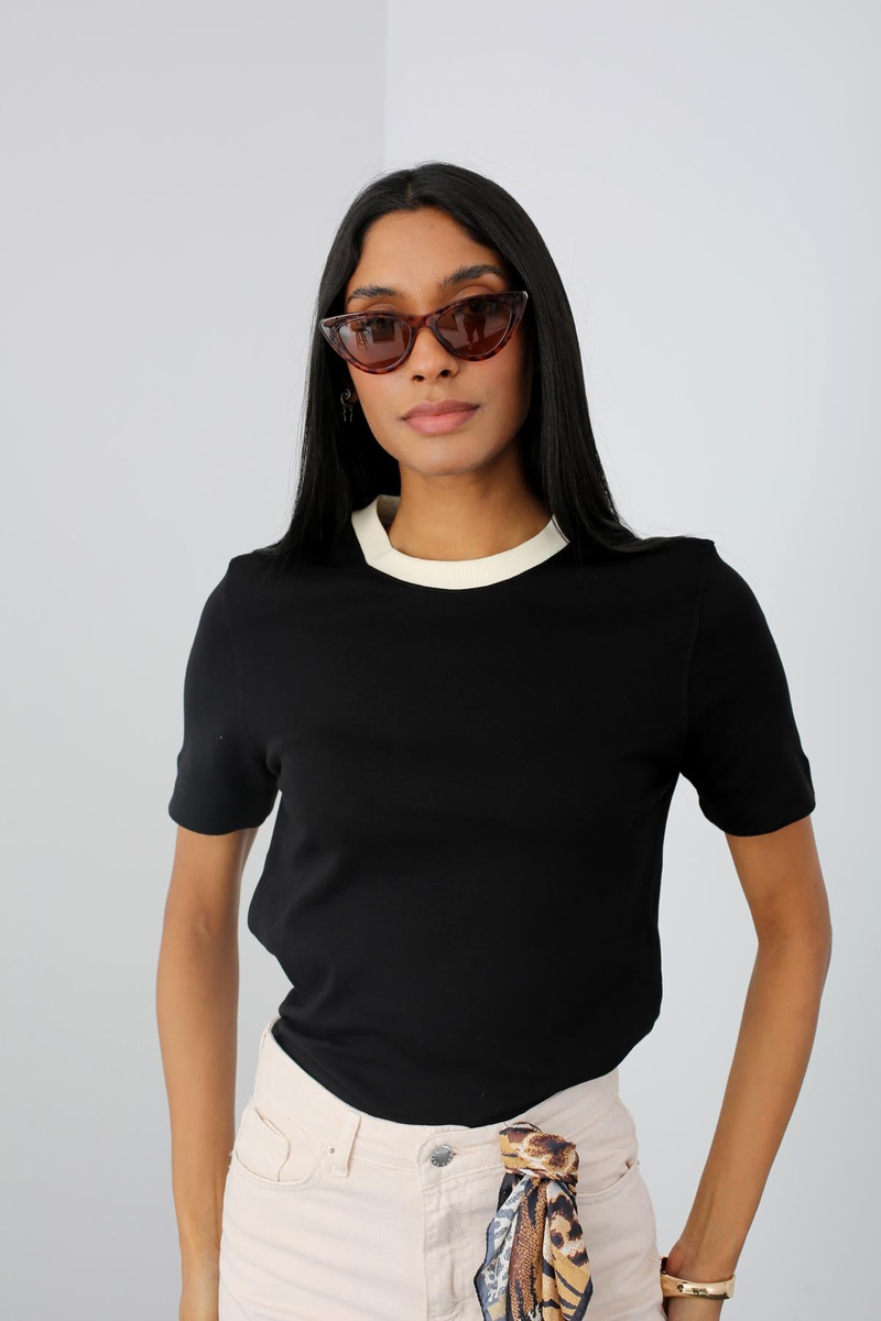 Siyah Kontrast Basic Tshirt 