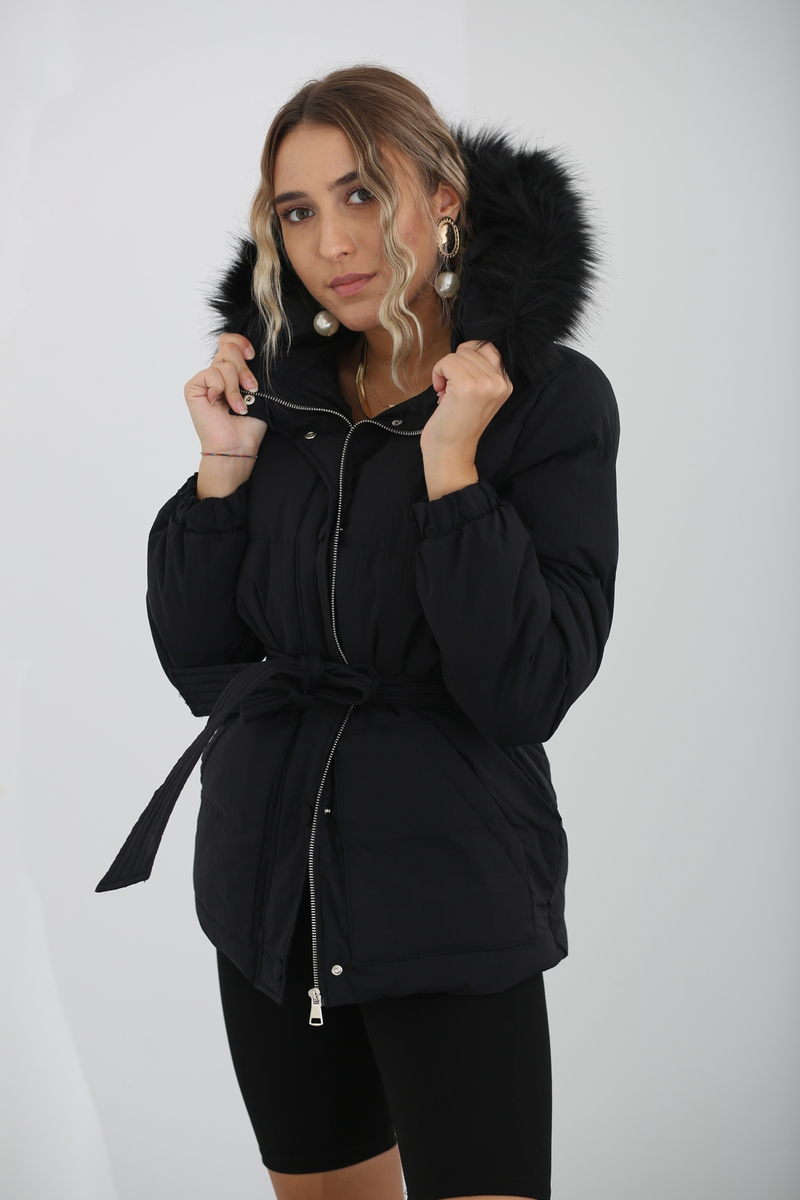 Siyah Kürk Kapşonlu Mont D89442